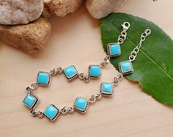 Square Shape Turquoise Bracelet | Sterling Silver Turquoise Link Bracelet | Small Southwest Bracelet | Square Turquoise Bracelet 8 inches