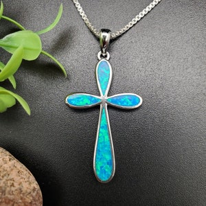 TULU #60 | Inlay Fire Blue Opal Blue Cross Necklace Pendant With Silver Chain | Sterling Silver Blue Opal Inlay Cross Pendant Necklace
