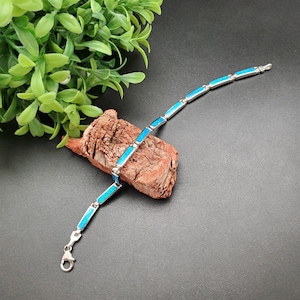 SAM #26 | Blue Opal Inlay Link Bracelet 7 1/2 in | Sterling Silver Opal Bracelet Links | Fire Blue Stone Bracelet | Dainty Opal Bracelet