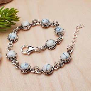 925ForHer White Buffalo Turquoise Bracelet | Sterling Silver Bracelet 7 1/4&quot; with 1&quot; Extender | Dainty White Turquoise Jewelry Made in USA