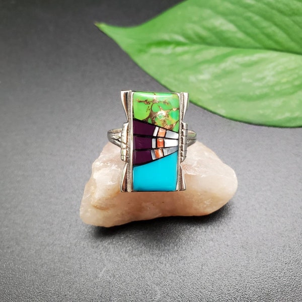Inlay Ring #440 | Lovely Rectangle Shaped Southwest Ring | Sterling Silver Inlay Multicolor Inlay Ring | Big Pattern Inlay Ring Gifts Ideas
