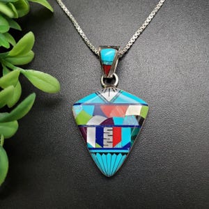 SFH #319 | Unique Multicolor Inlay Pendant Option With A Silver Box Chain | Sterling Silver Colorful Southwestern Inlay Pendant Necklace