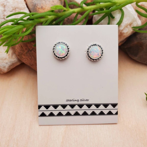 925ForHer 6mm White Opal Studs | Sterling Silver Opal Stud Earrings | Fire Opal Concho Earrings | Opal Jewelry | Dainty Earrings Made in USA