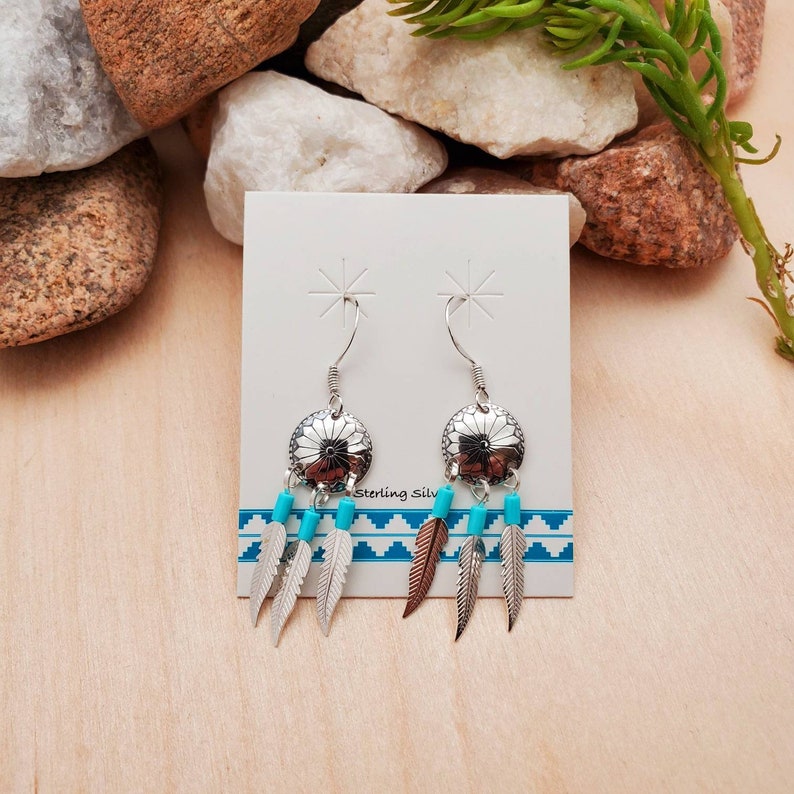 Sterling Silver Concho Earrings With Feathers | Small Silver Earrings | Southwestern Jewelry | Turquoise Southwest Earring | Gift For Her image 6