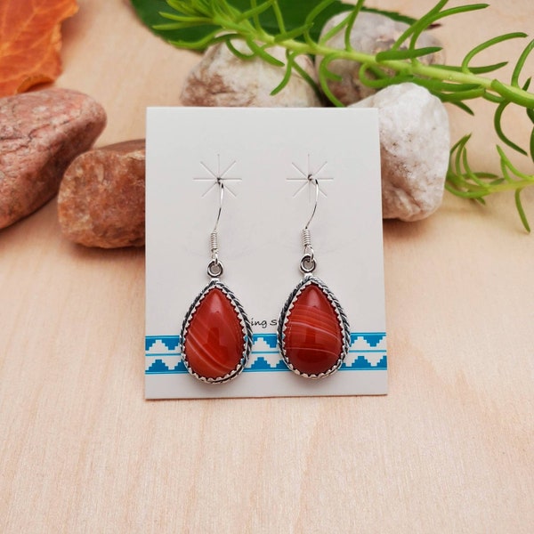 925ForHer Big Teardrop Red Agate Danlge Earrings | Red Agate Earrings | Red Stone Jewelry | Sterling Silver Dangle Earrings | Made in USA