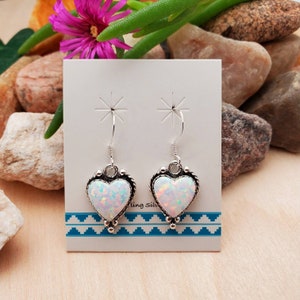 925ForHer Heart White Opal Dangle Earrings | Small White Opal Southwest Earrings | Sterling Silver Dangle Earrings | Opal Heart Earrings