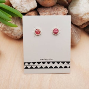 925ForHer Small Rhodochrosite Post Earrings | Dainty Pink Rhodochrosite Stud Earrings | Sterling Silver Earrings | Pink Earrings Made in USA