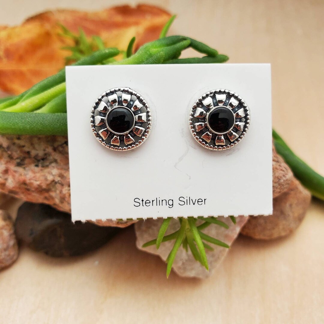 925forher Dainty Black Onyx Post Earrings Sterling Silver Black Stud