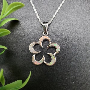 EMV #137 | Blue Opal Flower Necklace Pendant With Silver Chain | Hawaiian Blue Flower Pendant | Flower Concho Pendant | Blue Flower Necklace