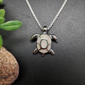 TULU #77 | Dainty White Opal Inlay Sea Turtle Necklace Pendant With Silver Chain Necklace | Sterling Silver White Inlay Opal Turtle Necklace