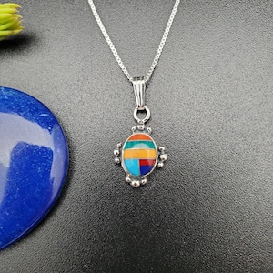 Cute Multicolor Inlay Necklace Pendant With Silver Chain | Sterling Silver Multicolor Necklace | Small Multicolor Pendant | Made in USA