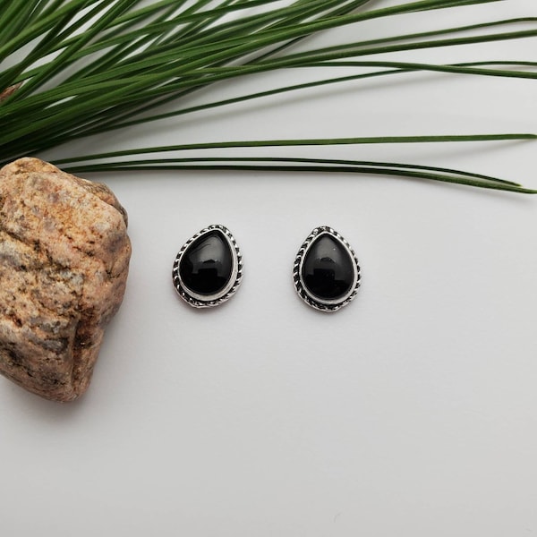 Dainty Black Onyx Stud Earrings | Sterling Silver Black Post Earrings | Small Teardrop Black Onyx Earrings | Small Silver Posts Made in USA