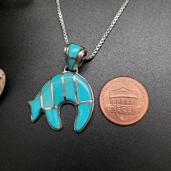 PLNT#319 | Blue Kingman Turquoise Inlay Bear Pendant Options A Silver Chain | Sterling Silver Turquoise Bear Necklace Pendant | Gift For Her
