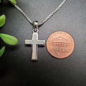 EMV #15 Dainty White Opal Inlay Cross Necklace Pendant With Silver Chain Necklace | Sterling Silver Opal Cross Pendant | Inlay Cross Jewelry