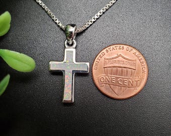 EMV #15 Dainty White Opal Inlay Cross Necklace Pendant With Silver Chain Necklace | Sterling Silver Opal Cross Pendant | Inlay Cross Jewelry