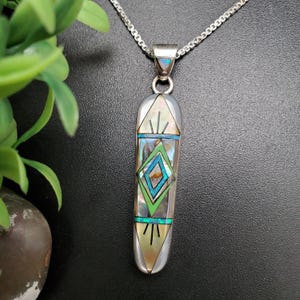 SFH #239 | Unique Shape Multicolor Pendant Option Silver Chain | Sterling Silver Inlay Southwest Pendant | Sterling Silver Gems Pendant