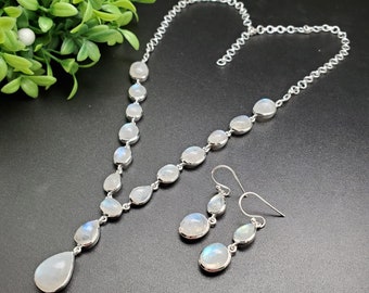 PLNT#343 | Unique Rainbow Moonstone Necklace Adjustable 14 To 19 Inches And Earrings Set | Sterling Silver Rainbow Moonstone Jewelry Set