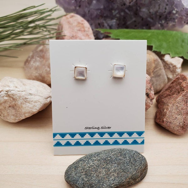 925ForHer 5mm Square White Shell Studs | Sterling Silver Mother of Pearl Stud Earrings in Square | White Mother of Pearl Jewelry Made in USA