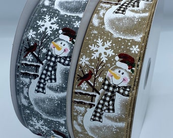 Country Snowman 2.5”, Wired, Snowman with scarf, Christmas Ribbon, Gray, Natural, Holiday Ribbon