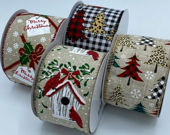 Christmas Ribbon Collection,2.5”,Cardinal Cottage,Buffalo Plaid Leopard Tree,Buffalo Plaid Checkered Tree, Merry Christmas Tags Ribbon