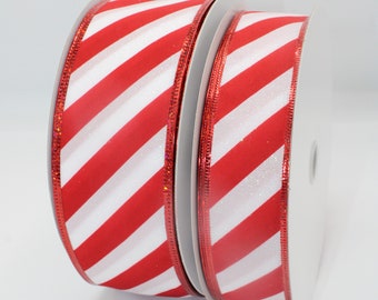Frosted Candy Cane Ribbon, trim, 2.5”, 1.5”,candy cane, striped red and white , Christmas Ribbon