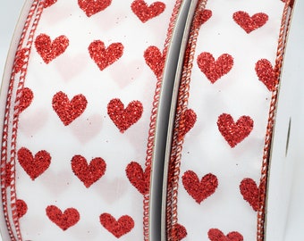 Cherished Heart-trims, 2.5”, 1.5”, Valentine Ribbon, White Satin with Glitter Hearts