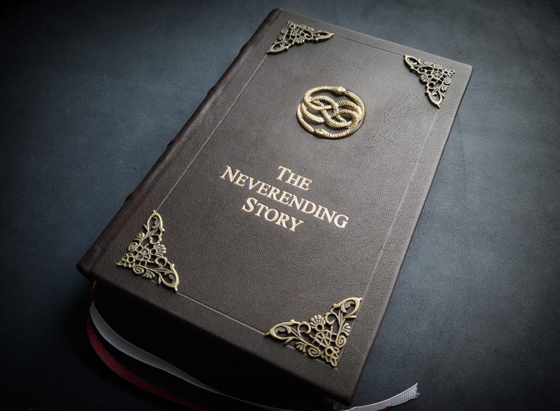 Leather bound Neverending story, The NeverEnding Story Book-Cosplay, Bastian Book, Ren faire, Never Ending Cosplay, Metal Auryn Dark Brown English