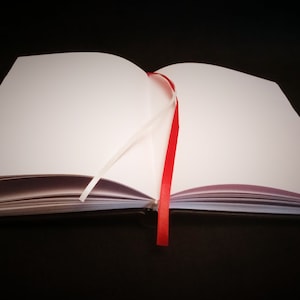 May include: A blank, white notebook with a red ribbon bookmark. The notebook is open and lying flat on a black surface.
