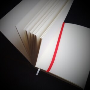 May include: A white notebook with a red ribbon bookmark. The notebook is open and the pages are fanned out.