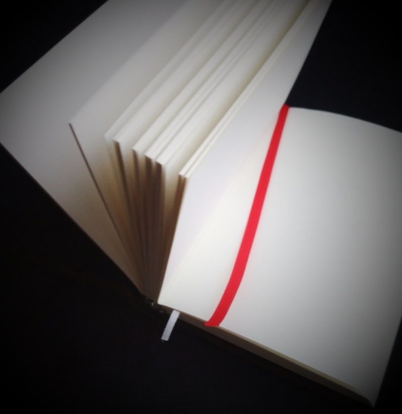 May include: A white notebook with a red ribbon bookmark. The notebook is open and the pages are fanned out.