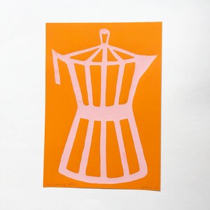 May include: A pink silhouette of a coffee pot on an orange background. The image is a simple, graphic design.