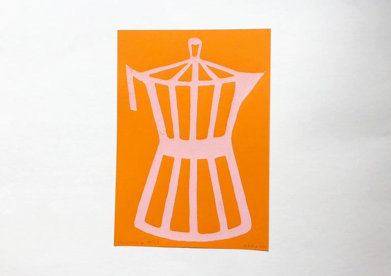 May include: A pink silhouette of a coffee pot on an orange background. The image is a simple, graphic design.
