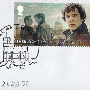 2020 Grã-Bretanha Rainha Elizabeth II (1952-2022) Sherlock 1ª Classe O selo Reichenbach Fall usado na peça Royal Mail Windsor post stamp