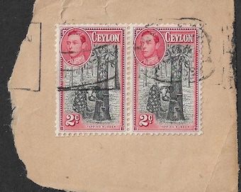 Ceylon King George VI vintage 2c stamps x 2 Tapping Rubber in pair used on piece to collect or for arts and crafts projects