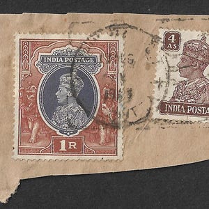 King George VI India vintage 1R en 4as postzegels gebruikt op het stuk om te verzamelen of voor knutselprojecten