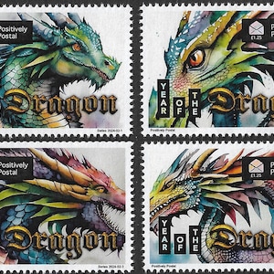Tampons artistiques 2024 Positively Postal Nouvel an chinois du dragon x 4 faux affranchissement Cendrillon