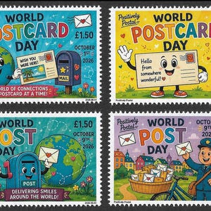 May include: Four postage stamps celebrating World Postcard Day and World Post Day. Designs feature a globe, a smiling postcard, a mailbox, and a postal worker with a bicycle. Text includes dates, £1.50, and phrases like A World of Connections.