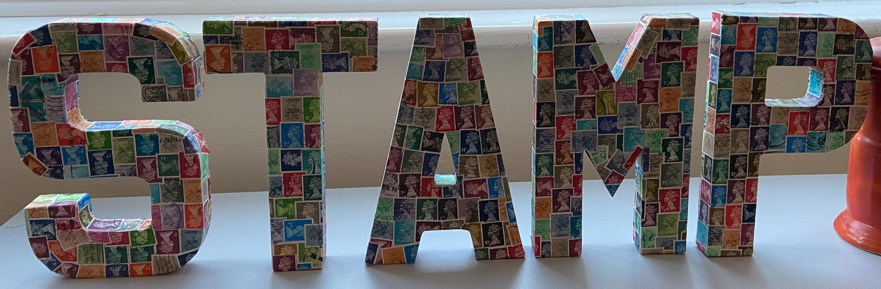 STAMP unique artwork five 3D cardboard letters all covered in used Great Britain Machin definitive stamps very unusual talking piece