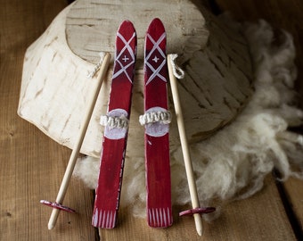 Miniature boards, skis, ski poles, decorative wood, handmade props, photo props, studio posing accessories