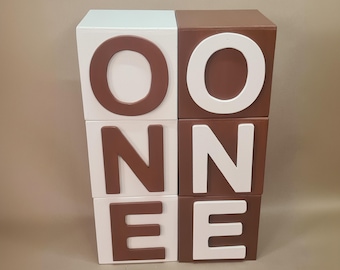 Wooden cubes with the letter ONE, wooden stools, birthday party photo props