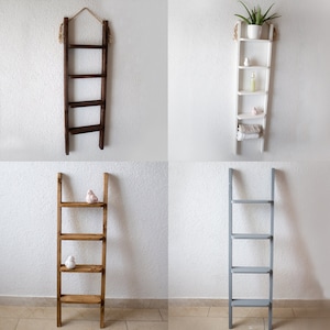 Escada ou escada de parede, escada de madeira de prateleira, escadas de madeira, escada, escada de tiro, madeira decorativa, feita à mão
