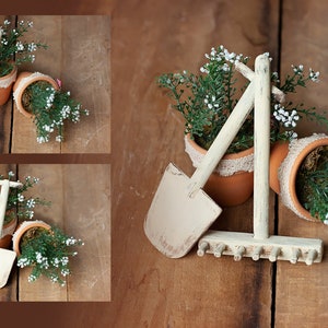 Miniature jardinier râteau et pelle accessoires faits à la main bébé enfants Photo accessoires décoration déco bébé photographie photographie animal