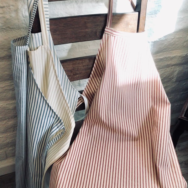 Striped French Apron, French farmhouse 100% cotton, ticking- stripe, handmade to order, matching family aprons, custom made apron