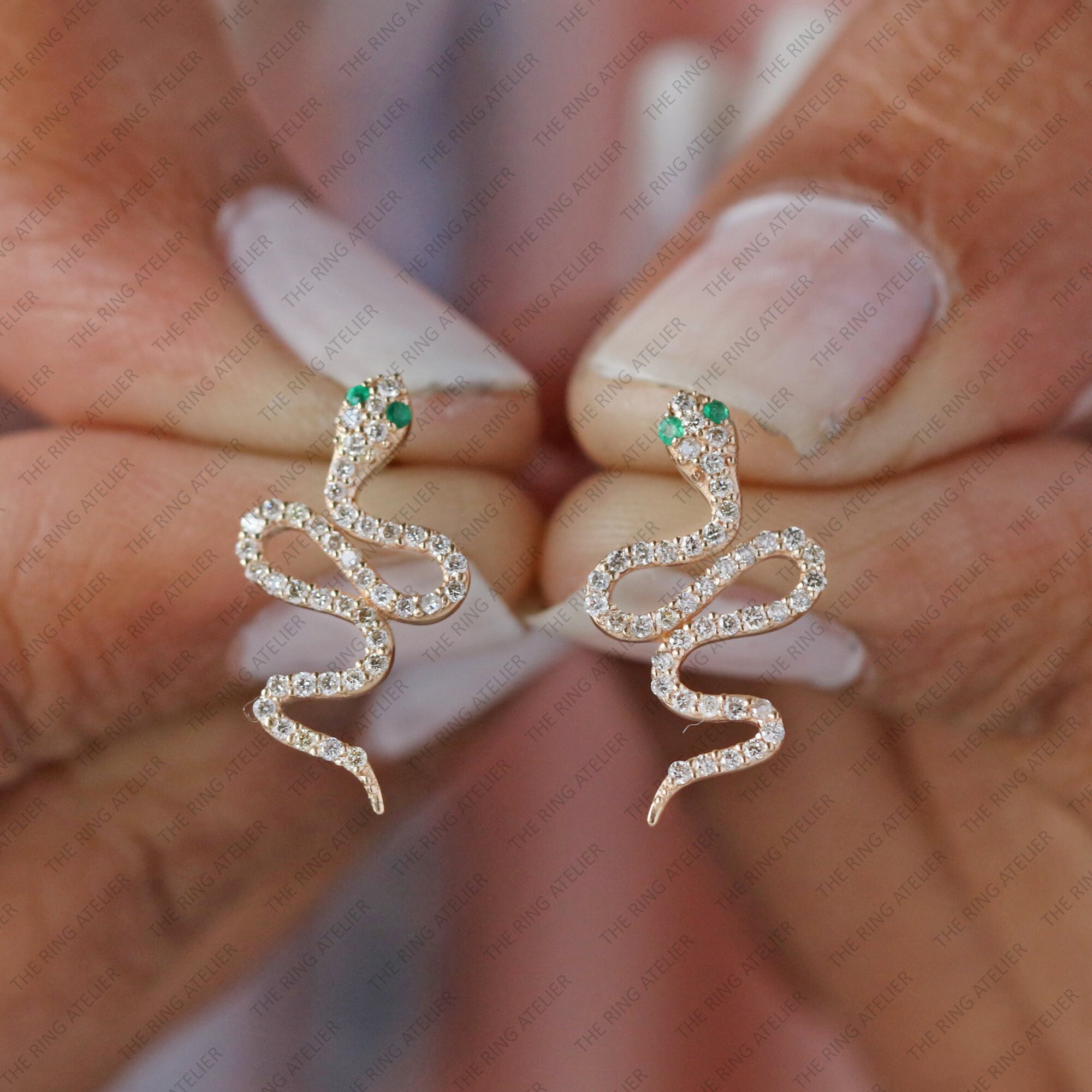 Diamond Snake Stud Earrings Genuine Emerald Gemstone on Eyes