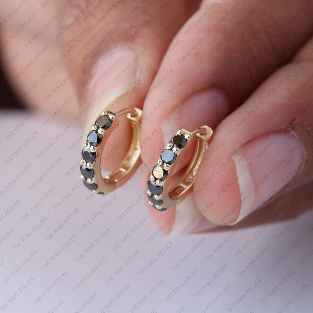 Natural Black Diamonds Hoops, Solid 14k Yellow Gold Dainty Thick