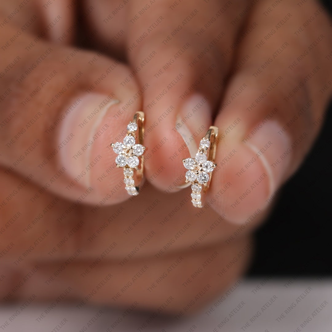 14k Gold Diamond Flower Huggies Earrings, Tiny Diamond Hoop Earrings