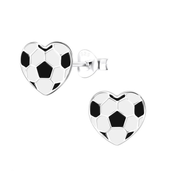 Soccer Heart Stud Earrings / 925 Silver and Enamel / Hypoallergenic / Nickle and Lead Free