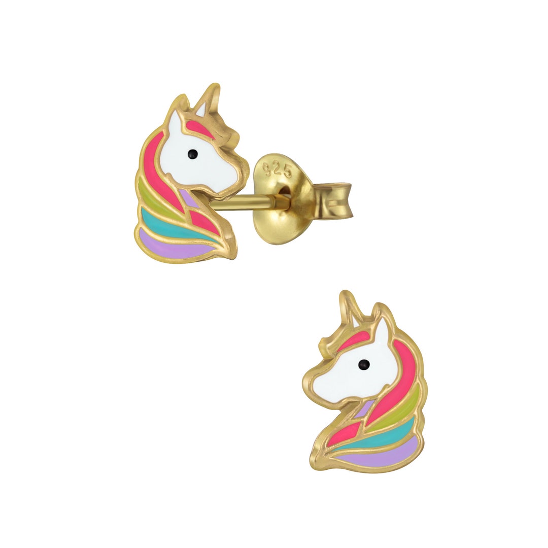 Cute Unicorn Enamel Stud Earrings / 14K Gold Silver & Enamel - Etsy