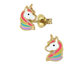 Cute Unicorn Enamel Stud Earrings / 14K Gold, Silver & Enamel / Hypoallergenic / Nickel and Lead Free