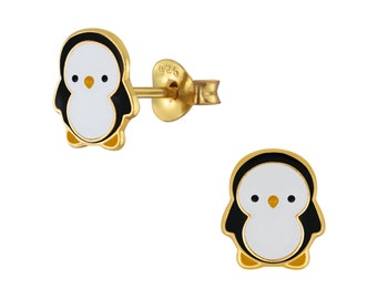Cute Penguin Stud Earrings / 14K Gold, 925 Silver and Enamel / Hypoallergenic / Nickel and Lead Free